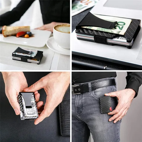 Miniatura 7 de Billetera de fibra de carbono con clip para dinero de metal, bloqueo RFID, minimalista, de aluminio, delgado, para tarjetas de crédito, Negro