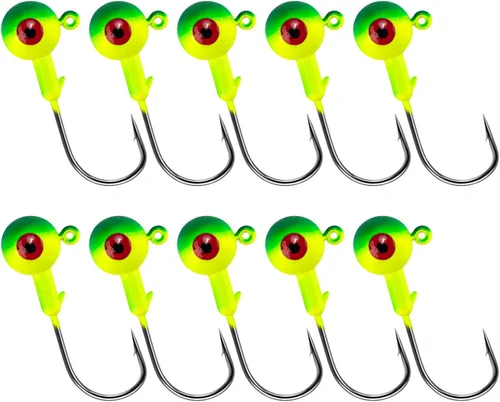 Alwonder Paquete de 10 cabezas redondas de pesca, ganchos de róbala de lubina, ojos 3D, acero de alto carbono, 1/8-1/2 onzas, cabeza de plantilla de