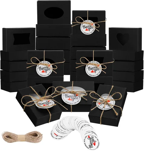 Kosiz Paquete de 100 cajas de jabón Kraft con ventanas transparentes, 4 diseños de ventanas, kit de recuerdos de fiesta con etiquetas y cuerda, Negro