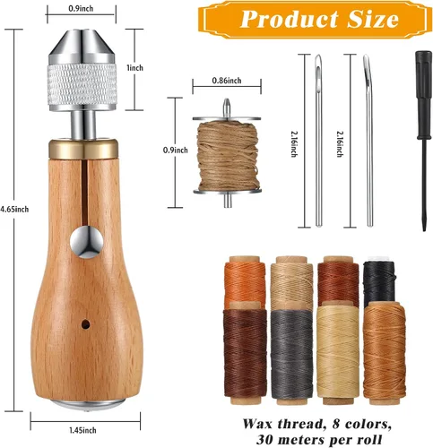 Miniatura 5 de WILLBOND Kit de punzón de costura de cuero de 12 piezas, incluye agujas rectas y dobladas y 8 rollos de hilos encerados con destornillador pequeño