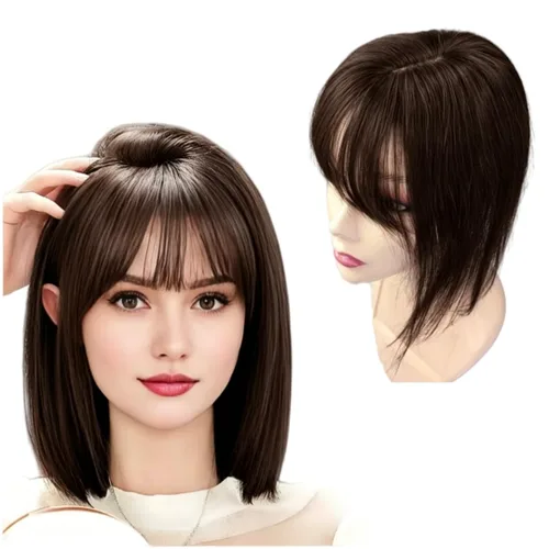 Miniatura 10 de Anemone Peluca de cabello humano con clip para mujer, con flecos de aire 3D, base de poliuretano invisible para cabello fino y cuero cabelludo Negro