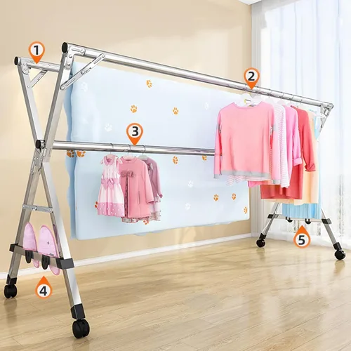 Miniatura 3 de Estante de secado de ropa de 94 pulgadas, estante de ropa de acero inoxidable para lavandería, plegable, ajustable, estante de secado portátil
