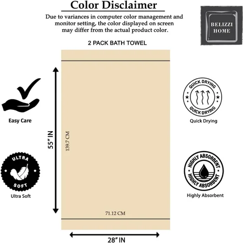 Miniatura 7 de BELIZZI HOME Juego de 2 toallas de baño ultrasuaves de gran tamaño, 28 x 55 pulgadas, 100% algodón, grandes, absorbentes, de secado rápido, ligeras