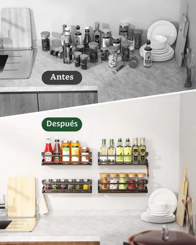 Miniatura 7 de Doakhirmit Estante de especias montado en la pared con 16 ganchos, estante organizador de especias de madera rústica para puerta de despensa