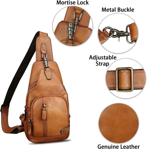 Miniatura 6 de IVTG Bolso bandolera de cuero genuino para hombres y mujeres, mochila vintage para el pecho, bolso cruzado para viajes y ciclismo, Marrón, Mediana