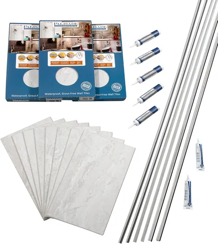 Miniatura 18 de Palisade Kit de azulejos de vinilo entrelazados impermeables para ducha y bañera en mármol Carrara de 23.2 x 11.1 pulgadas Mármol de Carrara