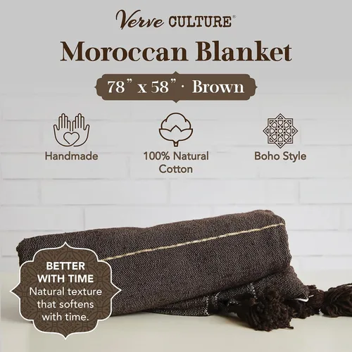 Miniatura 2 de Verve CULTURE Manta marroquí, manta de algodón estilo bohemio para cama y sofá, decoración marroquí, manta con borlas, manta de boda marroquí Marrón