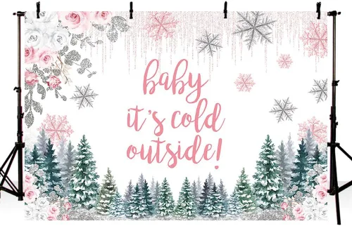 Miniatura 2 de MEHOFOND Telón de fondo de invierno para baby shower de 7 x 5 pies para niñas, Baby It's Cold Outside Rosa Floral Fotografía Fondo Pequeño Copo