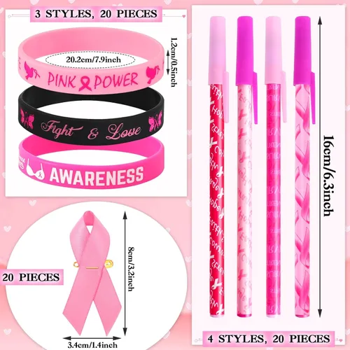 Miniatura 2 de JUNEBRUSHS 60 Pack Breast Cancer Awareness Accessories Set, 20Pcs Pink Ribbon Pens 20Pcs Breast Cancer Awareness Bracelets 20Pcs Breast Cancer Pins