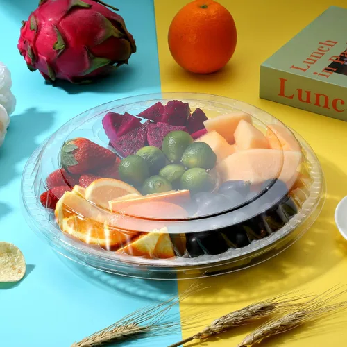 Miniatura 6 de Paquete de 12 bandejas redondas de plástico para verduras con tapa, bandeja de frutas, contenedor de 6 compartimentos divididos, bandeja para servir