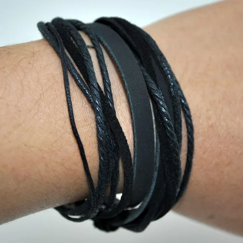 Miniatura 4 de Pulsera de piel auténtica para hombre y mujer, multicapa, ajustable, con cuerda multicolor, latín, Negro, C0020