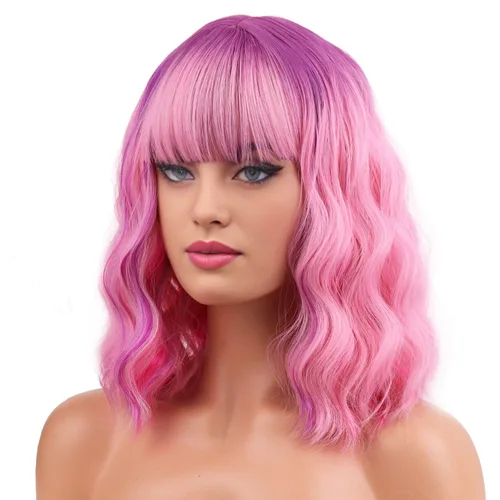 Miniatura 35 de BERON 14 Inches Ash Blonde Wig with Bangs Short Curly Wig Short Ash Blonde Bob Synthetic Wigs for Women Daily Halloween Party or Cosplay Hairnet