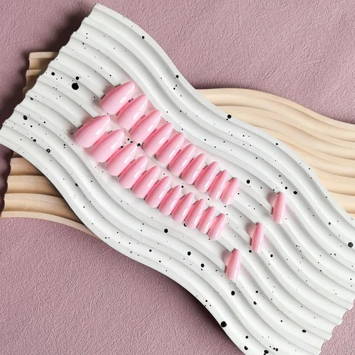 Miniatura 5 de Uñas postizas de presión con forma de almendra rosa de longitud media estilo stiletto, uñas artificiales de gel suave reutilizables acrílicas