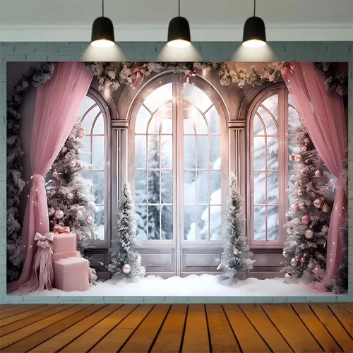 Cortina rosa de invierno, fondo fotográfico de Navidad, invierno, nieve, bosque, ventana, fondo de fotografía, decoración de fiesta familiar, baby