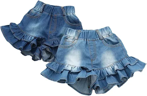Miniatura 3 de TIBE PINCESS Pantalones cortos de mezclilla para niñas de 2 capas con volantes de encaje para niños, falda de entrenamiento de bebé, pantalones