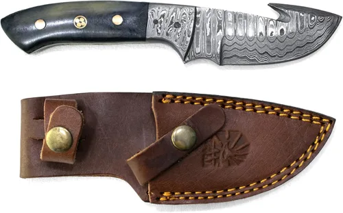 Titan International Knives Gancho de tripa de Damasco para desollar y cazar hoja fija | Hecho a mano 1095 4340 mezcla de carbono machacado a mano |