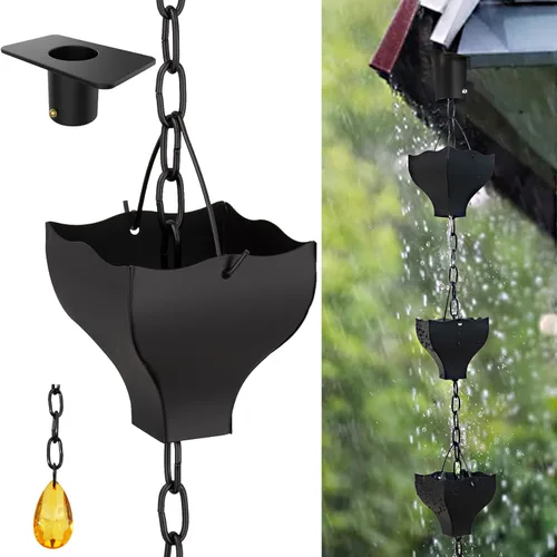 Miniatura 8 de Rifachua Cadena de lluvia negra de 8.5 pies para canaletas y bajantes exteriores, copas de cadena de lluvia de loto chapado en negro, reemplazo