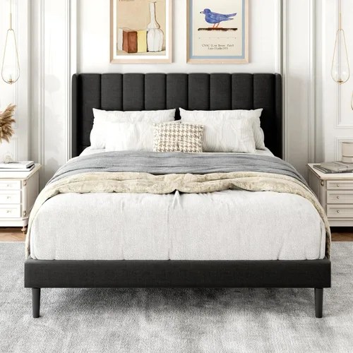 Miniatura 7 de Gruwans Estructuras de Cama Individual con Cabecera Wingback, Camas de Plataforma Tapizadas, No Necesita Somier, Soporte Resistente de Listones