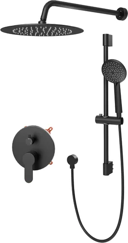 Gabrylly Sistema de ducha negro, juego completo de grifo de ducha de barra deslizante montado en la pared, cabezal de ducha de lluvia de alta Mate