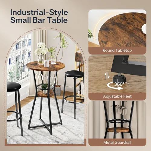 Miniatura 8 de HOOBRO Mesa redonda de bar, mesa de bar de 2 niveles con soporte para copas de vino, mesa de cóctel industrial, para espacios pequeños, taberna