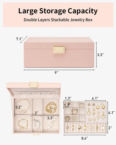 Miniatura 4 de Vlando Joyero de 2 capas grande organizador de joyas para mujeres, bandeja de joyería extraíble para collares, aretes, anillos, pulseras, cajas