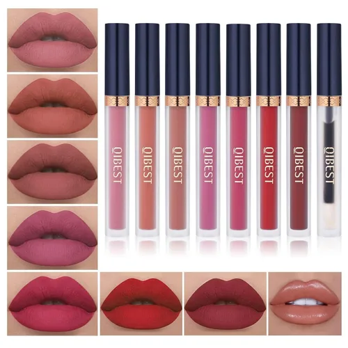 Miniatura 20 de QiBest 7 piezas de lápiz labial líquido mate y 1 pieza de set de maquillaje para labios voluminizadores, set de maquillaje de labios pigmentado