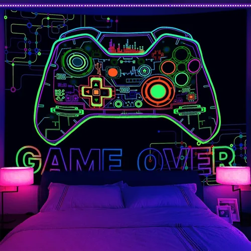 Miniatura 2 de Bzhilja Tapiz Temático de Juego con Luz Negra, Tapiz de Pared UV Reactivo para Arte de Pared de Juegos para Chicos, Hombres, Niños, Tapiz de Arte