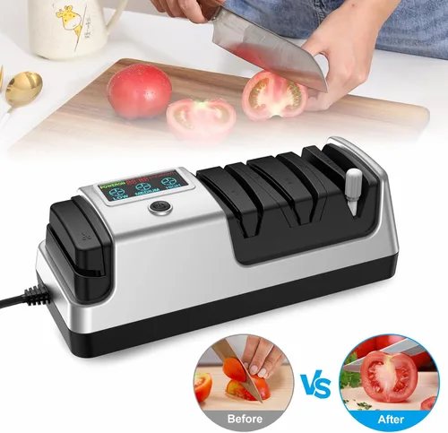 Miniatura 8 de Afilador de cuchillos eléctrico 5 en 1, profesional de 3 etapas con pantalla LCD, 100% abrasivos de diamante, 3 velocidades de rotación ajustables