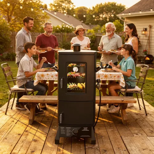 Miniatura 2 de Ahumador de propano, ahumador vertical con tres estantes extraíbles, parrillas al aire libre y ahumadores con termómetro para barbacoa, patio Negro