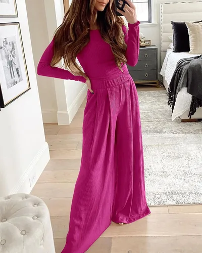 Miniatura 3 de BTFBM Conjunto de dos piezas para mujer, de manga larga, ajustado, de punto acanalado, holgado, pantalón de pierna ancha, ropa casual