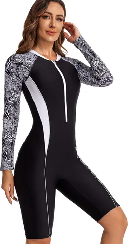 Miniatura 9 de ECUPPER Traje de baño de una pieza de manga larga para mujer, con cierre Boyleg, protector de erupción, cobertura de traje de baño de surf, traje