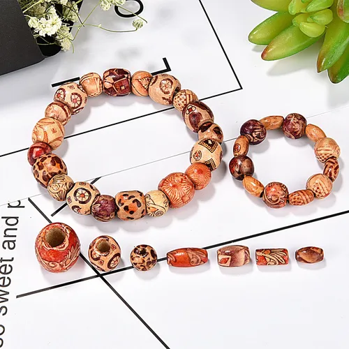 Miniatura 3 de Bememo - 400 piezas de cuentas de madera impresas de varias formas, cuentas de madera sueltas para hacer joyas, pulseras, collares, manualidades