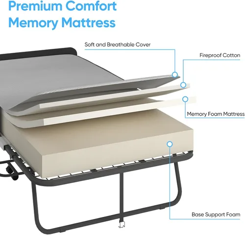Miniatura 4 de Mjkone Cama plegable con colchón, cama rodante para adultos con cabecero y bolsa antipolvo, cama plegable portátil de 5 pulgadas para huéspedes