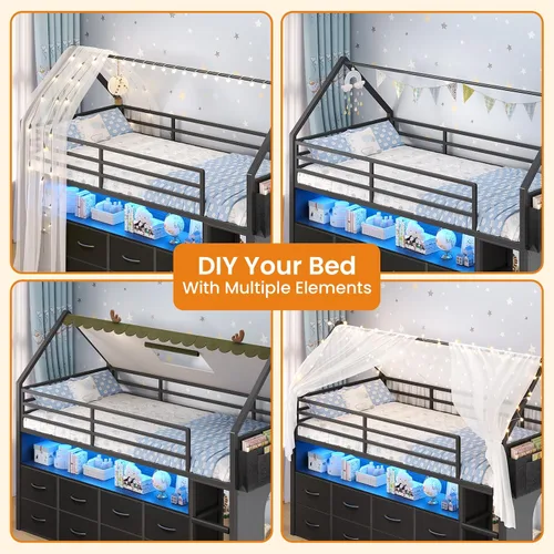 Miniatura 6 de BTHFST Cama tipo loft tamaño twin para niños, 8 cajones de almacenamiento y luces LED, cama de metal en forma de casa con estantería, escalera