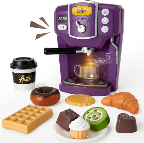 Toylink Cafetera de juguete para niños con sonido y luces, juego de café morado para niños, accesorios de cocina con tazas y comida de juego,