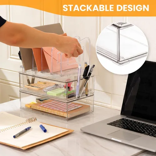 Miniatura 6 de LALOBLUE Organizador de Escritorio de Acrílico con Cajón, Suministros de Oficina, Almacenamiento de Organización, Organizador de 2 Cajones con 4