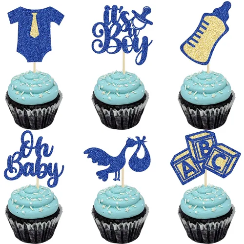 Miniatura 10 de Gyufise 24 piezas de adornos azules para cupcakes para bebé, con purpurina azul, estrellas, luna, dulce baby shower, niño, cupcakes para baby