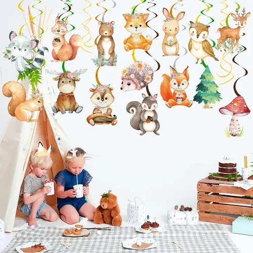 Miniatura 7 de Decoraciones de fiesta de bosque, 20 piezas de animales del bosque, remolinos colgantes, animales del bosque, decoraciones de techo para decoración