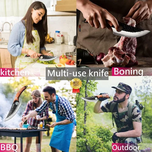 Miniatura 7 de Kitory Cuchillo de carnicero para cortar carne, cuchillo vikingo forjado a mano con mango ergonómico de madera, cuchillo de chef chino de acero