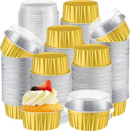 Miniatura 12 de Gejoy 400 Piezas Moldes de Papel de Aluminio para Hornear con Tapas 5 oz Moldes Desechables Ramekins Mini Moldes para Pasteles Crème Brûlée Moldes