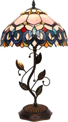Miniatura 7 de Tiffany Table Lamp, Pink Stained Glass Desk Light, W12H19 Inch, Metal Leaf Base (Pink Baroque Style)