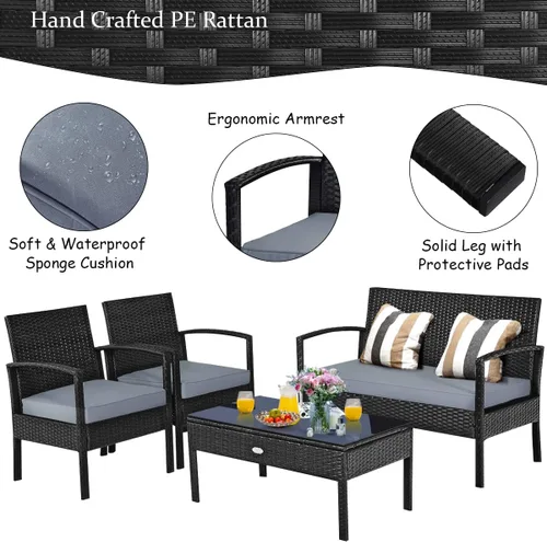 Miniatura 2 de Juego de 4 muebles de patio para exteriores, juego de sofá de mimbre con cojín gris resistente al agua y mesa de vidrio templado para patio trasero