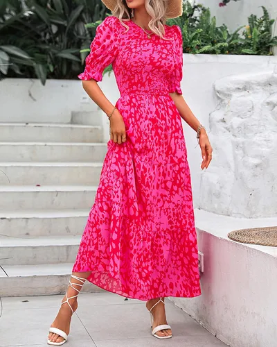 Miniatura 70 de BTFBM Vestidos para mujer, cuello redondo, casual, de verano, con volantes, manga corta, bohemio, con niveles, fruncido, largo, con estampado floral