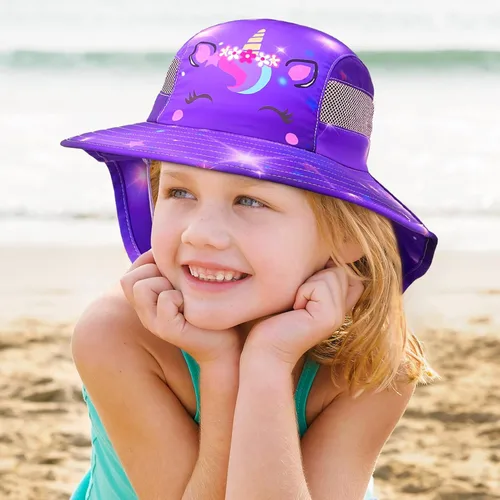 Miniatura 66 de Sombrero de sol para niños, protección UV, unicornio, verano, playa, jugar con ala ancha, solapa para el cuello para niñas y niños