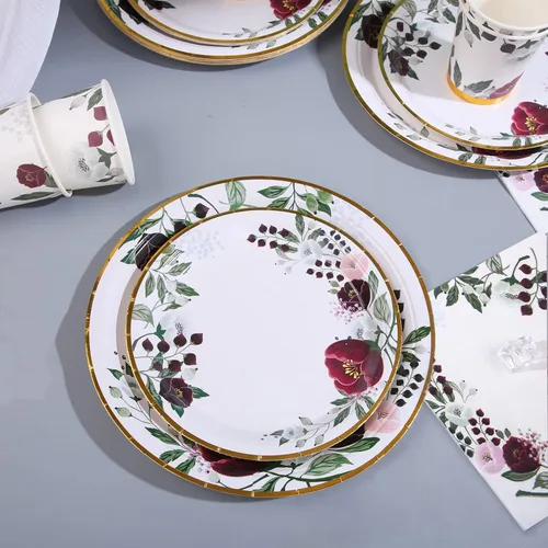 Miniatura 4 de 200 platos de papel floral y servilletas para fiestas, decoraciones de despedida de soltera sirven 50, borgoña para bodas, cumpleaños, día de San