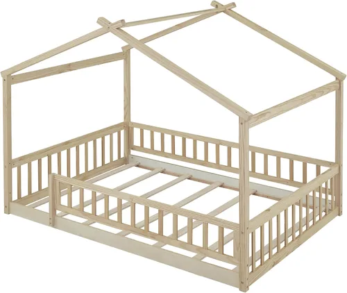 Miniatura 6 de RUNNA Marco de cama de madera de tamaño matrimonial con valla, para niños, adolescentes, niñas, niños, (Natural-Thinck 4col)