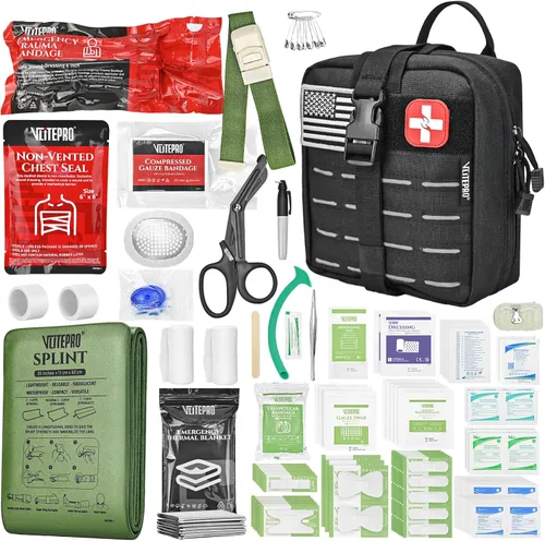 Miniatura 10 de Kit de primeros auxilios y supervivencia de 242 piezas, bolsa Molle IFAK, nailon 1000D, compartimentos codificados por colores, kit médico