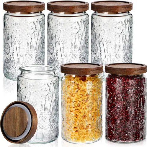 Miniatura 7 de Domensi 6 piezas de tarros de vidrio vintage de 34 oz, tarros de almacenamiento de vidrio con tapas, patrón de begonia, tarros herméticos