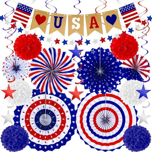 26 decoraciones del 4 de julio, 250 decoraciones para fanáticos del papel del Día de los Caídos, blanco, azul, rojo, blanco, azul, pancarta del 4 de