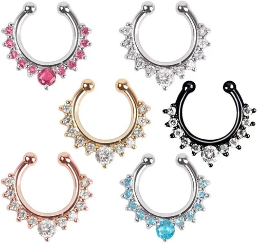 Miniatura 5 de XUKEKOY 6 piezas de joyería falsa para tabique, anillo de nariz con clicker, strass, sin perforación, clip para colgar, joyería corporal